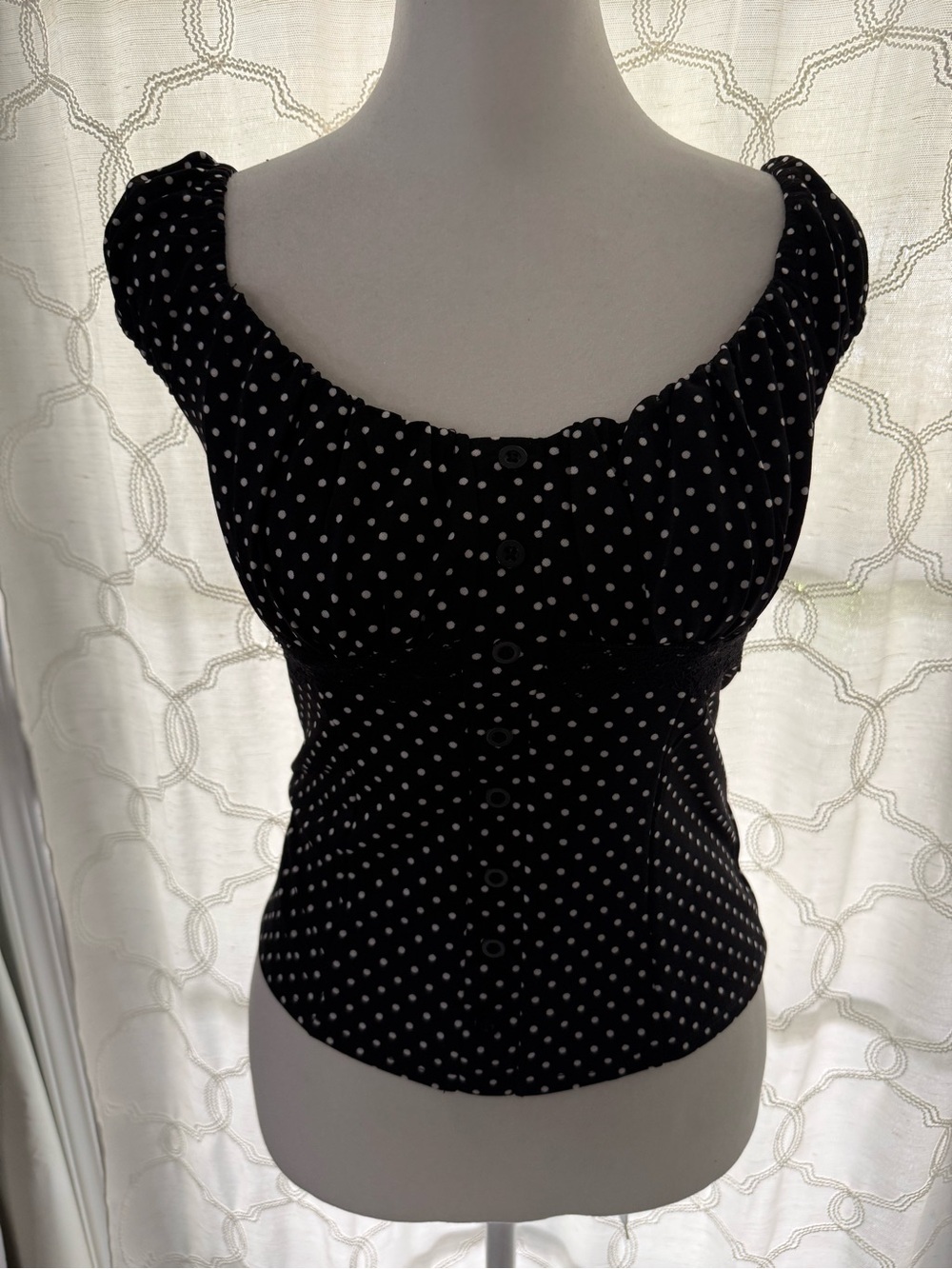 Black Polka Dot Puff Sleeve Button Up Blouse